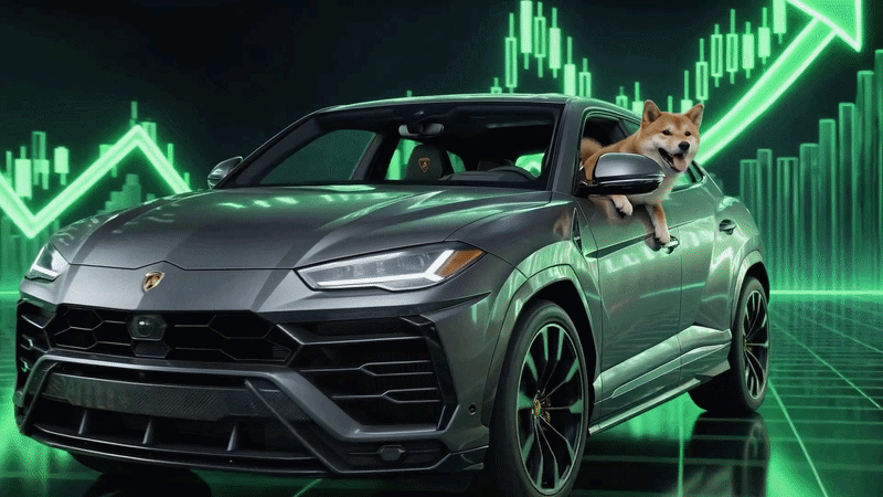 Shiba riding in a dark Urus in front of neon green candles